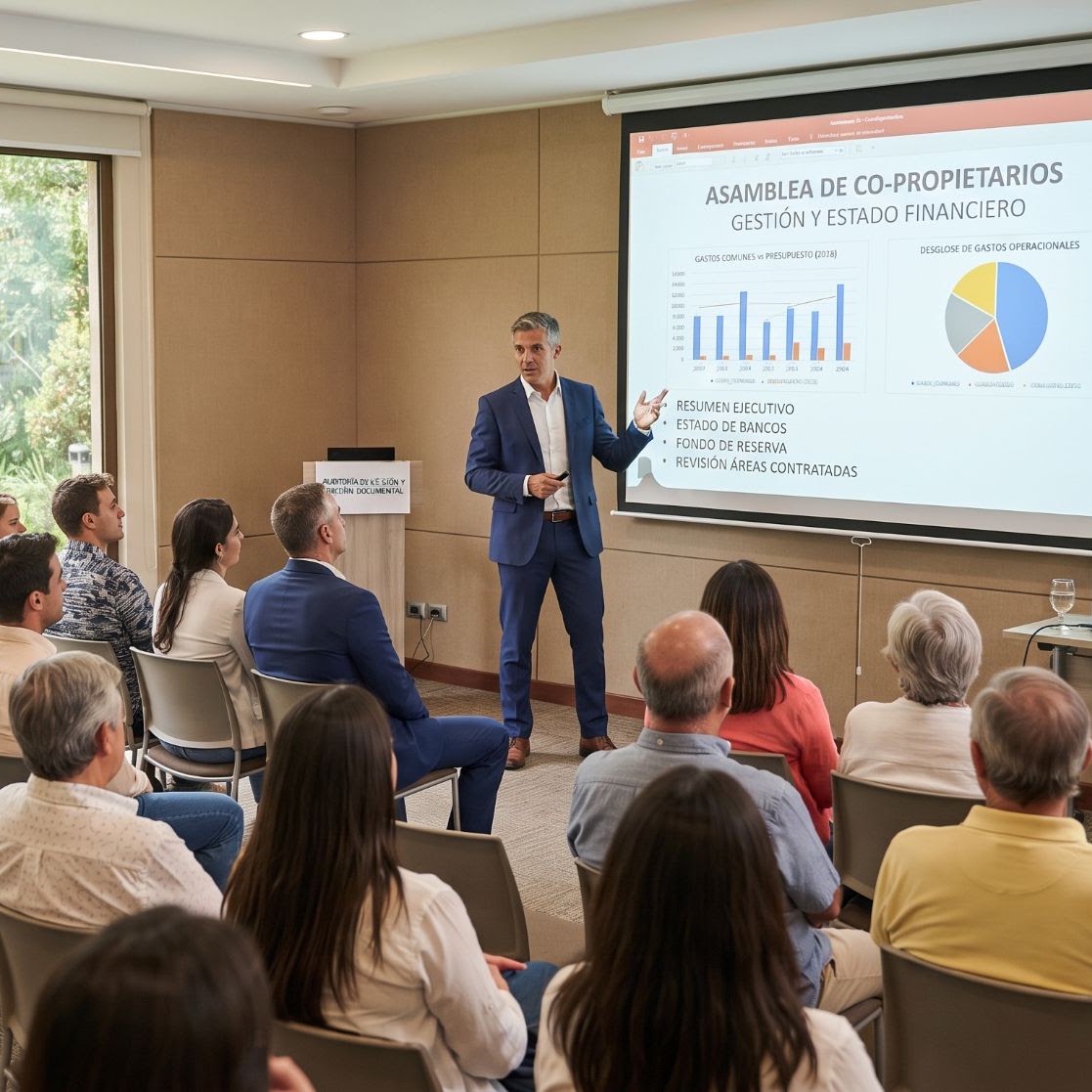 Presentación de informes financieros ante una asamblea de copropietarios